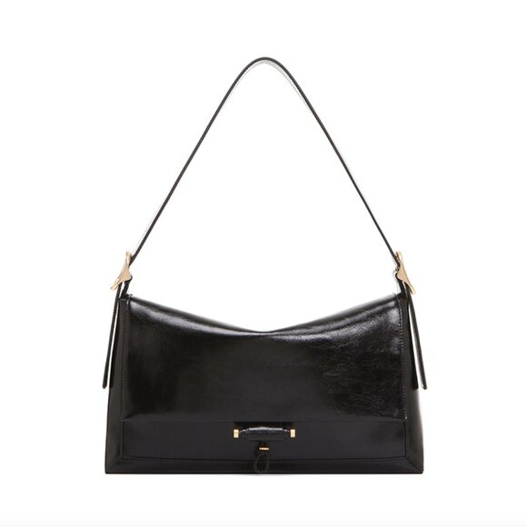 NEW Loeuvre Sac de Jardin Large Black and Gold Patent Real Leather Shoulder Bag - Picture 1 of 16